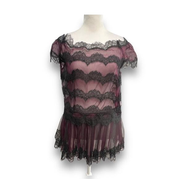 OSCAR de la RENTA✨🎄🥂Vintage Sheer black lace & pink almost off shoulder top SZ - Picture 5 of 16